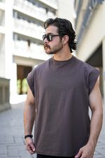 تیشرت وست کاوری آستین حلقه ای مردانه قهوه ای موکا