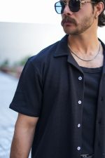 پیراهن مراکشی یقه انگلیسی مشکی مردانه