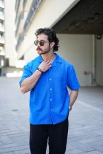 پیراهن مراکشی یقه انگلیسی آبی شالی مردانه