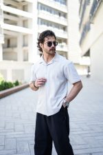 پیراهن مراکشی یقه انگلیسی طوسی روشن مردانه